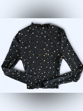 Black Star Print Sparkle Long Sleeve Top Fairy Sheer Mock Neck Celestial Size XS